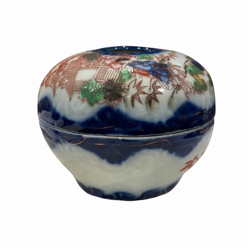 Antique Japanese Hand Painted Porcelain Hair Receiver Vanity Box Gilt Meiji Era